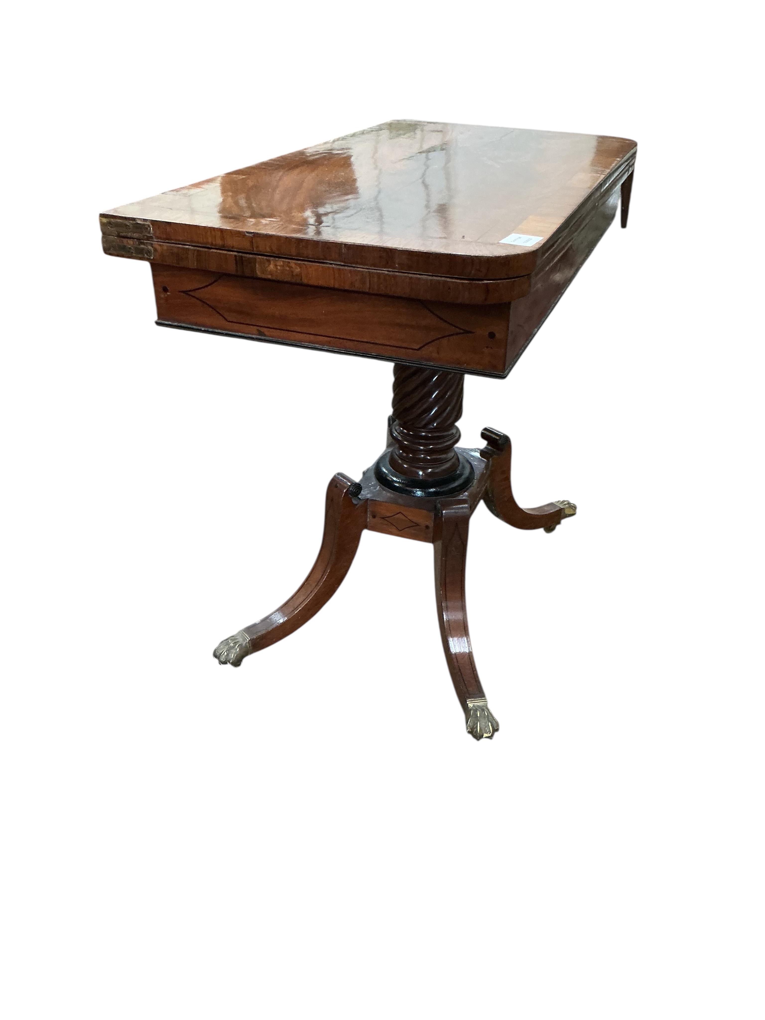 A Regency rosewood banded rectangular mahogany folding card table, width 91cm, depth 45cm, height 73cm